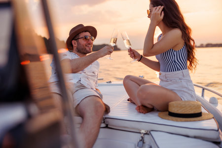 Couple in love enjoying summer vacation, making a toast raising glasses of champagne while sailing to the sunset on a boatの写真素材