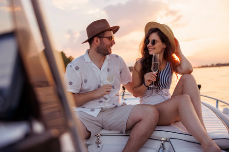 Couple in love enjoying summer vacation, making a toast raising glasses of champagne while sailing to the sunset on a boatの写真素材