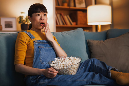 Beautiful Asian woman relaxing at home late at night, eating popcorn and watching horror movie on TV shocked and scaredの写真素材