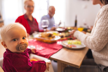 Cute little baby girl sitting in high chair at family Christmas dinner at home - family gathered for Christmas day celebrationの写真素材