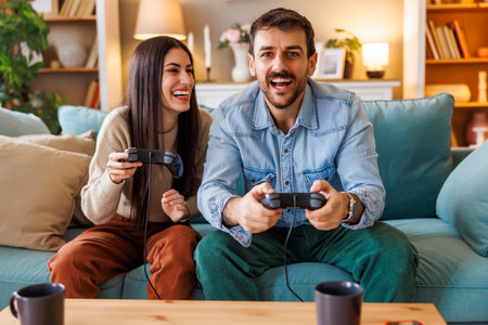 Beautiful young couple in love having fun playing video games while relaxing and enjoying spending leisure time together at homeの写真素材