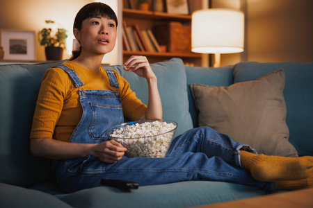 Beautiful Asian woman relaxing at home late at night, eating popcorn and watching documentary film on TV surprisedの写真素材