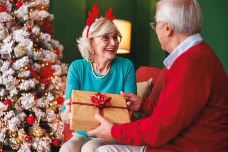 Senior couple relaxing and enjoying spending Christmas day together at home exchanging presents by the Christmas treeの写真素材