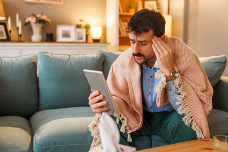 Sick man having flu and fever sitting on sofa at home wrapped in blanket, having online doctor's appointment using tablet computerの写真素材