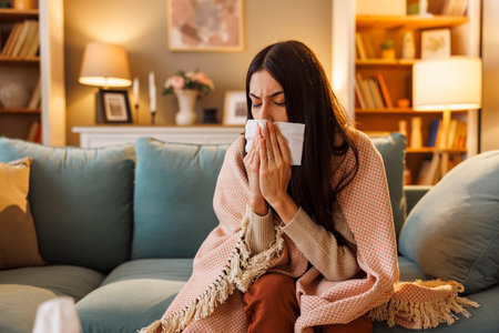 Sick woman having flu and fever sitting on sofa at home wrapped in blanket, coughing, sneezing and blowing nose using paper tissuesの写真素材