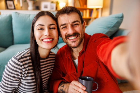 Beautiful young couple in love having fun taking selfies while drinking coffee and relaxing at home
