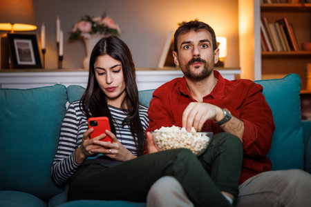 Couple relaxing at home at night, man eating popcorn and watching football game on TV while woman is scrolling and surfing the net using smart phoneの写真素材