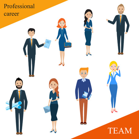 Modern business people flat lines. Conceptual illustration of a professional team. Human resources. The close-knit team with a competent leader. Businessman. businesswoman.のイラスト素材