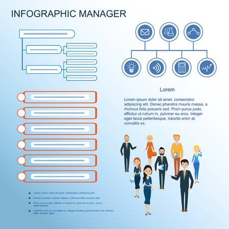 Modern infographic. Management and control system. Demonstration and workflow scheme. Teamwork. Web design for the landing page, brochure.のイラスト素材
