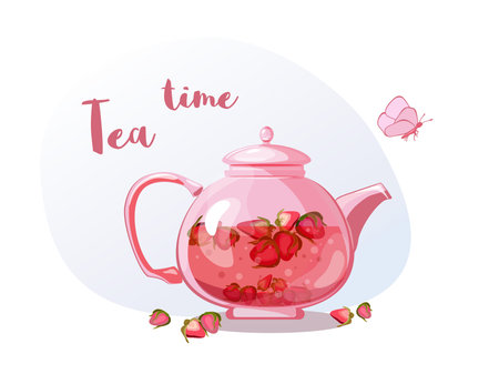 Teapot with rosebud tea. Time or clock. Tea shop, break, cafe-bar, tea lover, tea party. Beverages concept. Vector illustration for advertising, poster, banner, flyer, for cafe menu.のイラスト素材