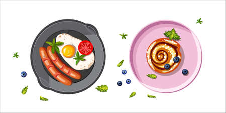 Frying pan with scrambled eggs, sausages, tomatoes, lettuce leaves. Pink plate with cake and berries. Health food. The concept of fresh food for breakfast, dinner. Illustration for poster, websiteのイラスト素材