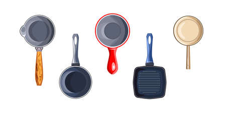set with dishes. Frying pan, ladle, grill, waffle iron and ladle on a white background. Vector isolated illustration. top view.のイラスト素材