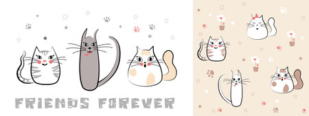 Childish pattern with cute cats, kids drawing. Animal seamless background, sweet vector texture for kids bedding, wallpaper, fabric, wrapping paper, textile, t-shirt printのイラスト素材