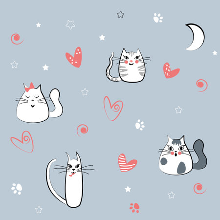 Childish pattern with cute cats, kids print. Animal blue seamless background, cute vector texture for kids bedding, wallpaper, t-shirt print, wrapping paper, textile, fabricのイラスト素材