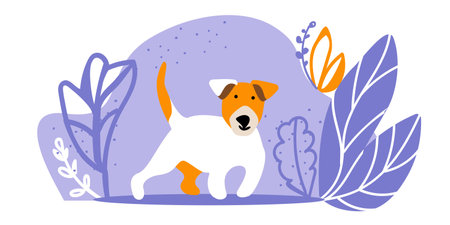 Puppy hides in the bushes and peeps. Advertising banner, poster for websites, applications, cafes and hotels where pets are welcome. Emotional support banner with pet. Pet-friendly place for animal lovers withdogのイラスト素材