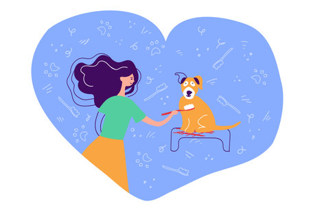 The girl brushes the dogs teeth. Oral hygiene for dogs of all breeds. Dog dental visuals. Dental care images. Gum disease prevention. Dental care. Raising awareness of oral hygiene for dogsのイラスト素材