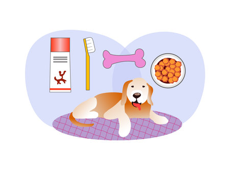 Vector illustration about the benefits of caring for the teeth of dogs. Satisfied dog, toothbrush and paste.Oral hygiene for dogs. Dental care images. Gum disease prevention. Dental care. Raising awareness of oral hygiene for dogsのイラスト素材