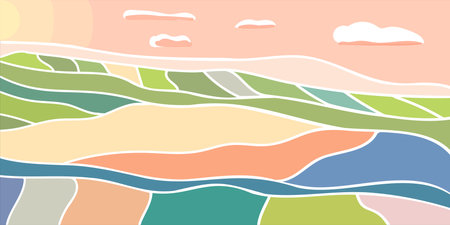 Abstract background with agro fields at sunset and sunrise. Pink sky, sun, clouds. Flat vector illustration suitable for printing banners, flyers, invitationsのイラスト素材