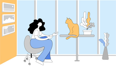 The girl is playing with a cat. People together with pets spending time. Pet-friendly place for animal lovers. Pets are welcome.のイラスト素材