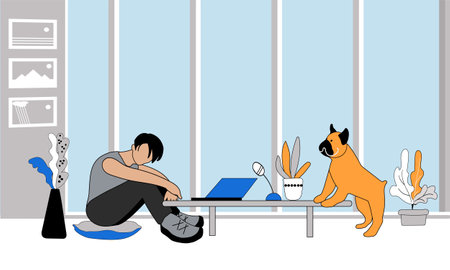 Sad guy sitting in front of a laptop next to a French bulldog. Illustration for promotional materials and advertisements for mental health organizations. Encourage help-seeking.のイラスト素材