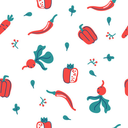 Seamless vector background with various fruits and vegetables. Good for cafe menu background, restaurant, healthy food concept, juice bar illustration. Vegetarian colored texture. Great summer tile.のイラスト素材