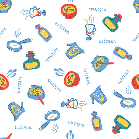 Seamless vector background with dishes, drinks and products in gentle pastel colors. Great for restaurant menu background, healthy food concept. Colorful texture. Great summer tile.のイラスト素材