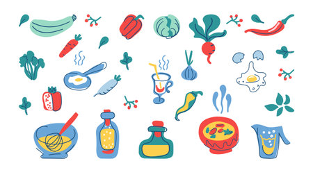 Design elements for kitchen utensils, drinks and products. Cooking flat hand drawn illustration. Color clipart of ingredients for cooking. Sketch of kitchen utensils. Isolated scandinavian cartoon itemsのイラスト素材