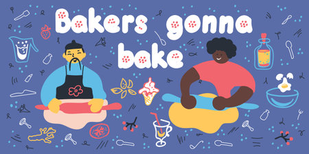 Lettering Bakers gonna bake. The chef is baking with a friendly pet. The dog steals sweet pastries. Crockery and ingredients for confectionery products. BIPOC. Positive psychology concept.のイラスト素材