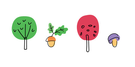 Set of trees, mushroom and acorn in a minimalistic style. Bright vector illustration for the design of cards, poster, invitation, clothing. Isolated symbols, stickersのイラスト素材