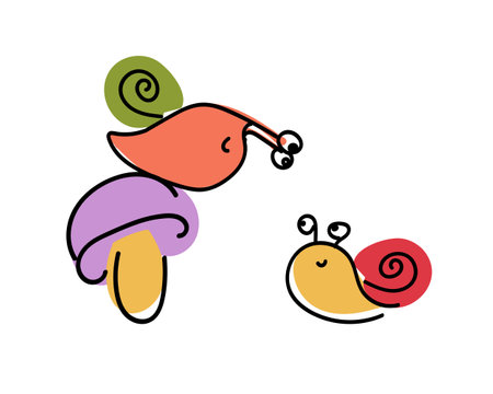 Set of snails and mushroom. Colorful vector illustration for design of postcards, poster, invitation, clothing. Isolated symbols, stickersのイラスト素材