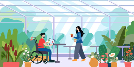 Cafe. People. Workplace of a disabled person in a wheelchair. Inclusion in public life. A modern illustration of a prosperous society. Greening the cityのイラスト素材