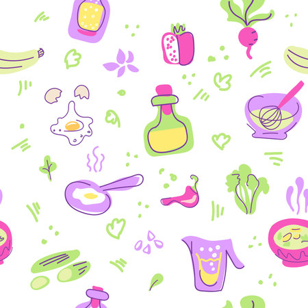 Seamless vector background with various fruits and vegetables. Good for cafe menu background, restaurant, healthy food concept, juice bar illustration. Vegetarian colored texture. Great summer tile.のイラスト素材