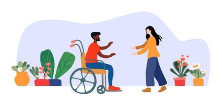 The nurse holds out her hands to a man in a wheelchair. Inclusion in public life. A modern illustration of a prosperous society.のイラスト素材