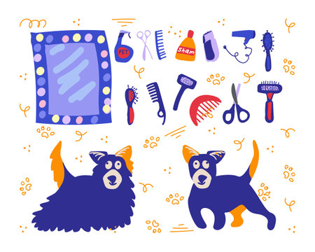 Pet grooming. Dog salon design with several grooming tools. Vector illustration made by hand in doodle style.のイラスト素材