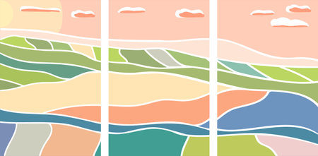 Abstract background with agro fields at sunset and sunrise. Pink sky, sun, clouds. Flat vector illustration suitable for printing banners, flyers, invitationsのイラスト素材