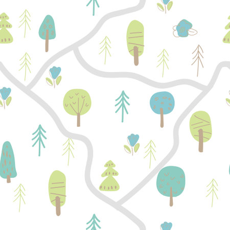 Hand drawn light pattern with trees. Seamless texturewith spring and summer trees, path. White background with a delicate ornament is suitable for fabric, childrens clothing, wallpaper, paper.のイラスト素材