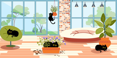 Cute cats play at home. Place for animals. The playful cat broke the flower pot and scattered the soil. Cats in the room. Pet friendly. Vector illustration of an interior with animals.のイラスト素材