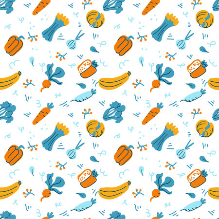 Seamless vector background with various fruits and vegetables. Good for cafe menu background, restaurant, healthy food concept, juice bar illustration. Vegetarian colored texture. Great summer tile.のイラスト素材