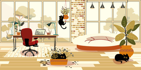 Office facilities and design isolated cartoon vector illustrations set. Funny black cats in the room play and hide in indoor plants. Retro style 60s, 70s. Pet friendly. Bright interior with large windows and wooden floors.のイラスト素材