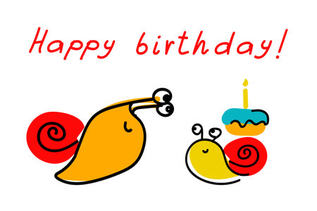 Cute snail gives birthday cake. Funny snails. Colorful childrens illustration for the design of cards, poster, invitation, clothes. Happy birthdayのイラスト素材