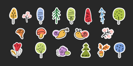 Collection of stickers, trees, mushrooms, snail, flower. Forest plants icons. Flat modern illustration for sticker printing, clothing, fabric, wallpaper. Hand draw vector illustrationのイラスト素材