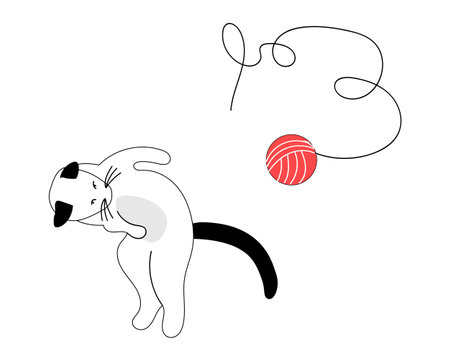 Cheerful white cat plays with a red ball of thread. Cute character for print, banner, poster, clothes. Bright sticker. Vector illustration, pet friendly conceptのイラスト素材