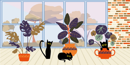 Funny black cats in the room play and hide in indoor plants. Retro style 60s, 70s. Pet friendly. Bright interior with large windows and wooden floors. Vector illustration.のイラスト素材
