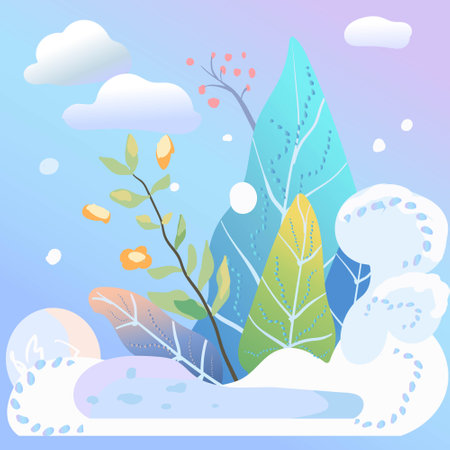 Seasons, nature in different periods. Vector illustration, sticker, concept of change of seasons. Winter. Banner.のイラスト素材