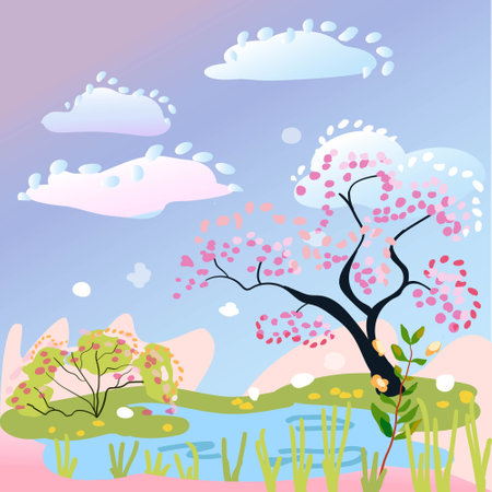 Seasons, nature in different periods. Vector illustration, sticker, concept of change of seasons. Spring. Banner.のイラスト素材