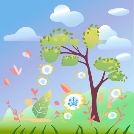 Seasons, nature in different periods. summer. Vector illustration, sticker, concept of change of seasons. Banner.のイラスト素材