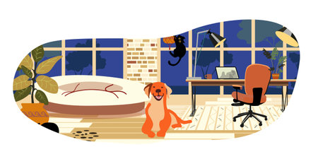 Office facilities and design isolated cartoon vector illustrations set. Funny black cats in the room play and hide in indoor plants. Retro style 60s, 70s. Pet friendly. Bright interior with large windows and wooden floors.のイラスト素材