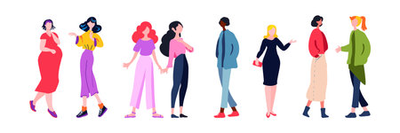Set of happy women or girls stand together. A group of womens friends, a union of feminists. Sisterhood. Flat isolated characters. Fashionable multiracial girls in different casual outfits. Colorful vector illustration.のイラスト素材