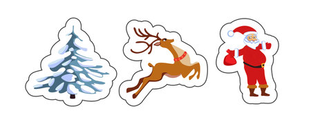 Set of Christmas tree stickers Santa Claus, deer. Santa Claus waves his hands on a sleigh with a deer and a Christmas tree in the snow. Vector illustrationのイラスト素材