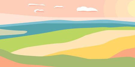 Hay harvest. Tractor collects hay in haystacks. Flat vector illustration of countryside. Pink rustic background at sunset. Windmill on the field.のイラスト素材